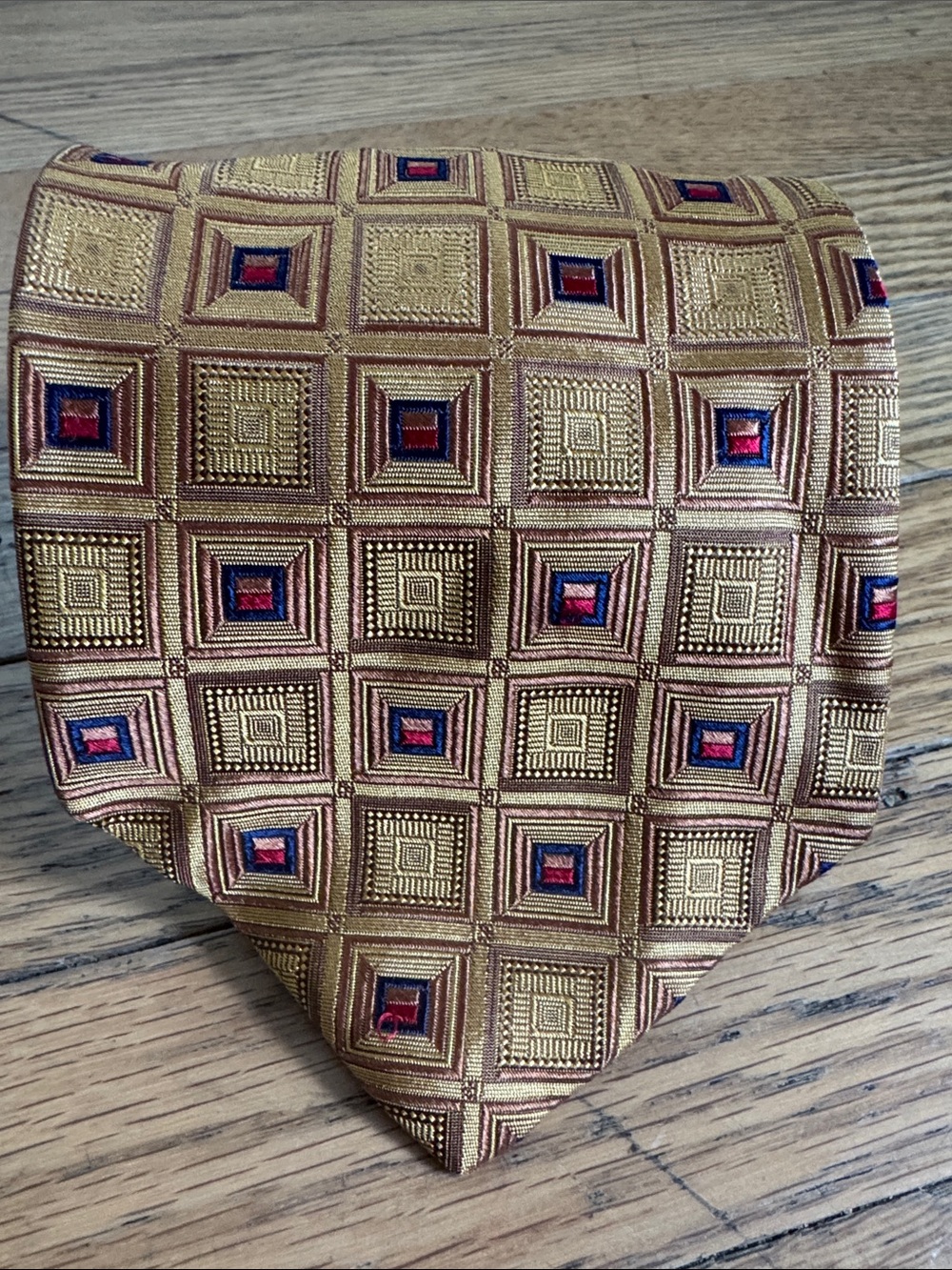 Robert Talbott Gold Tie with Red and Blue Square Motif